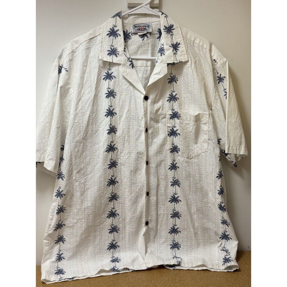 Hawaiian Shirt Mens Large Blue/White Palm Trees Short Sleeve Pacific Legend LG